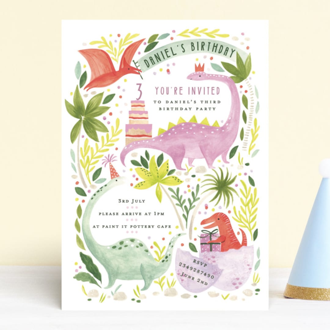 "Party Dinos" - Children's Birthday Party Invitations in Forest by Sarah Knight - Front