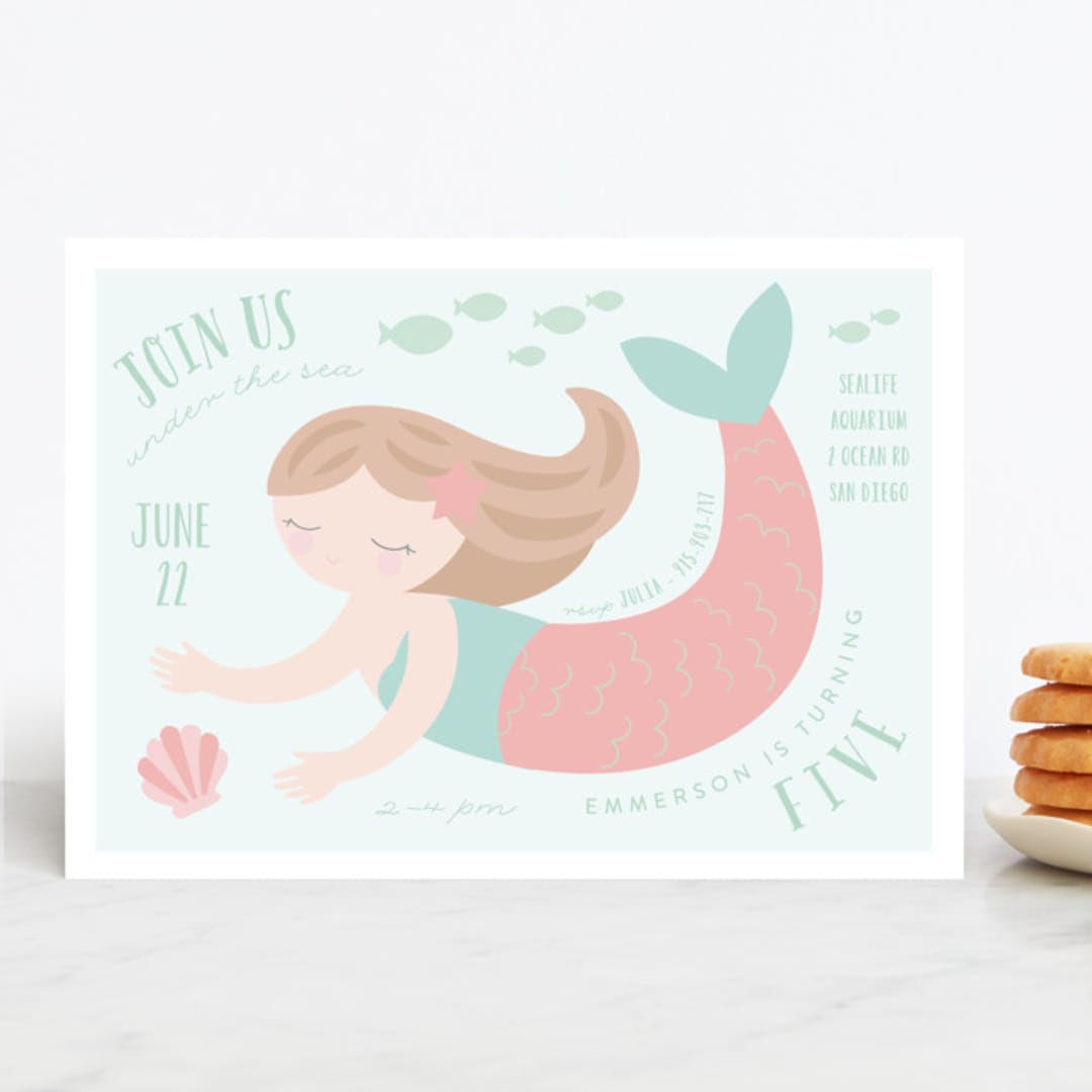 "Sweet Mermaid" - Children's Birthday Party Invitations in Coral by Angela Thompson - Front