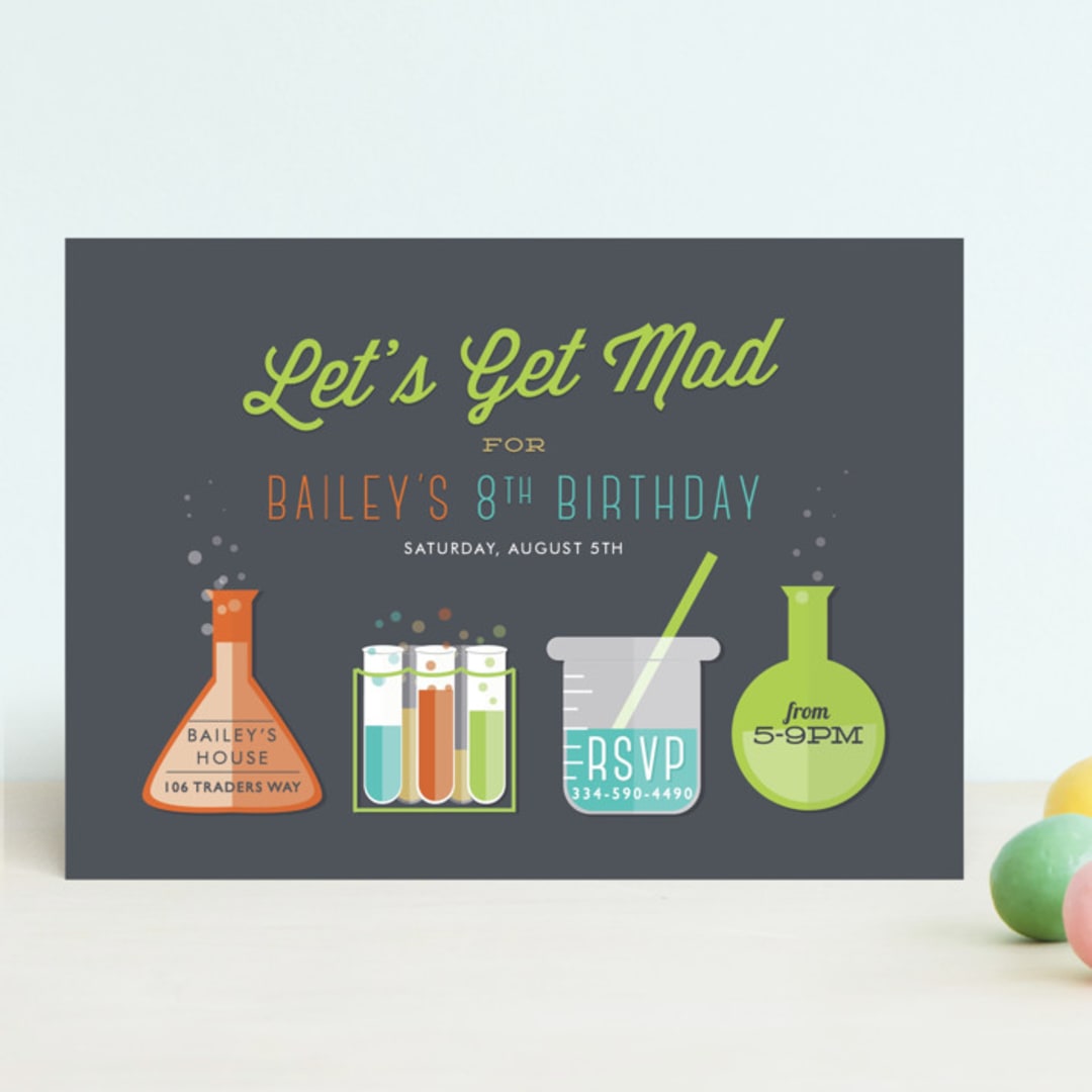 "Mad Scientist" - Children's Birthday Party Invitations in Cobblestone by Bethany Anderson - Front