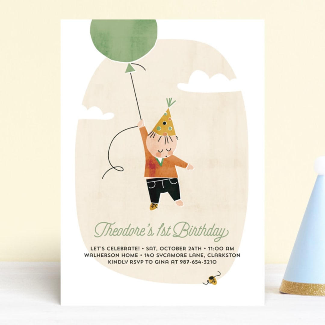 "First Balloon" - Children's Birthday Party Invitations in Tangerine by Karen Glenn - Front
