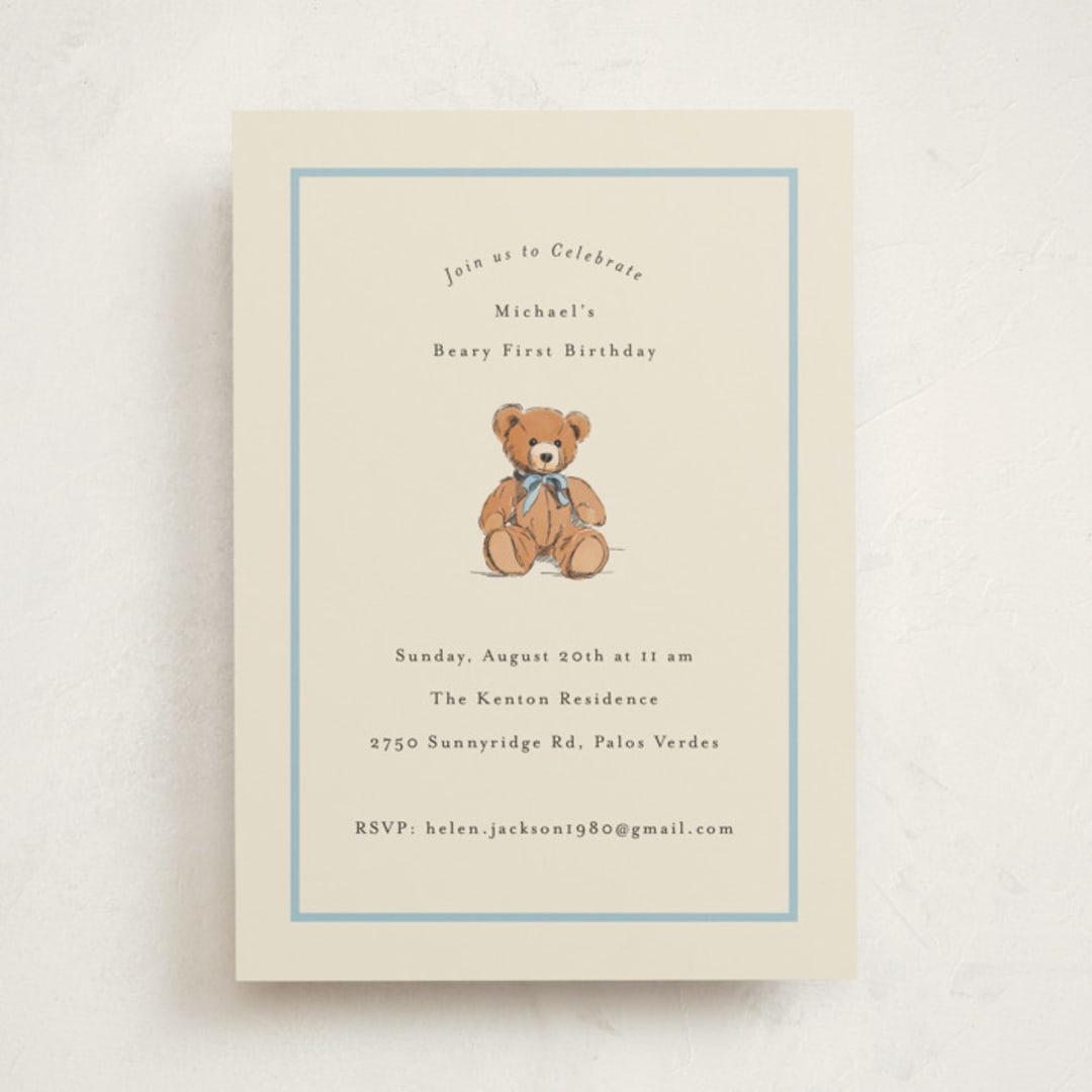 "Antique Teddy Bear" - Children's Birthday Party Invitations in Frost by Becky Nimoy - Front