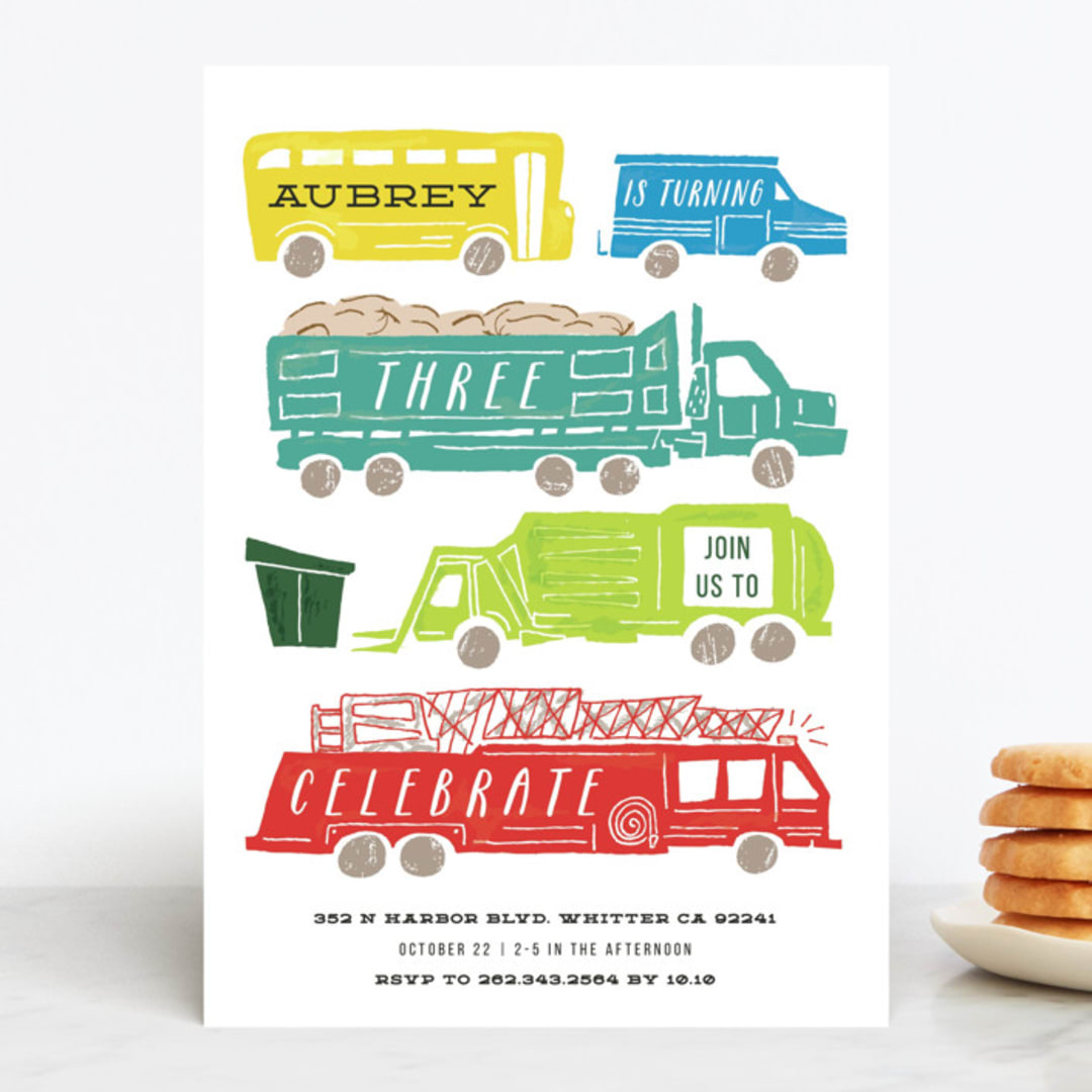 "Things that G0" - Children's Birthday Party Invitations in Bright Turquoise by Shiny Penny Studio - Front