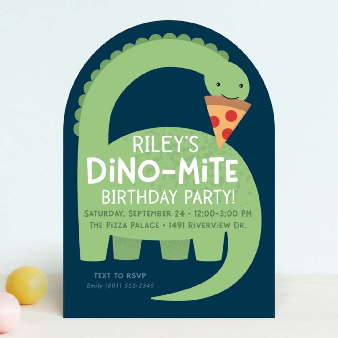 "Arched Dinosaur" - Children's Birthday Party Invitations in Leaf by Kacey Kendrick Wagner - Front