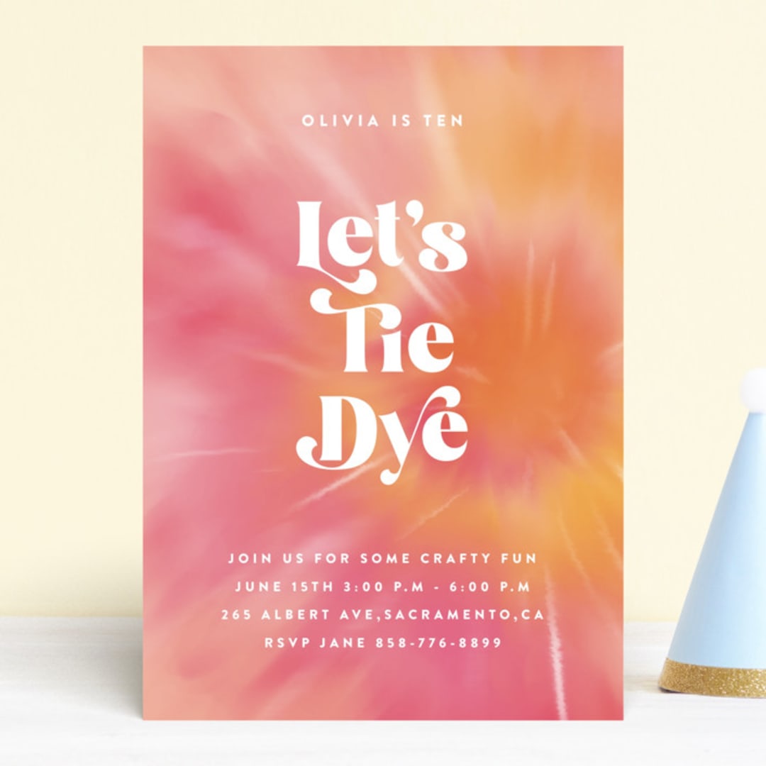 "Tie Dye Party" - Children's Birthday Party Invitations in Coral by Nazia Hyder - Front