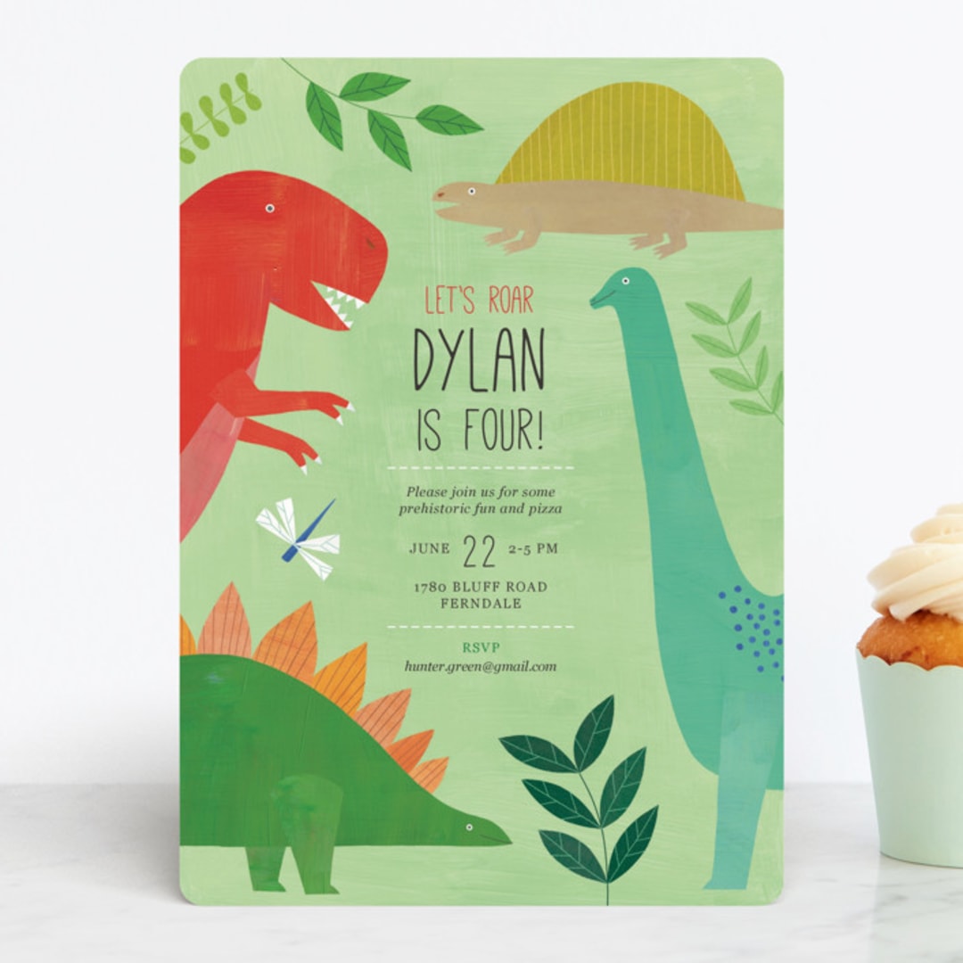 "Let's Roar DInosaur" - Children's Birthday Party Invitations in Forest by melanie mikecz - Front