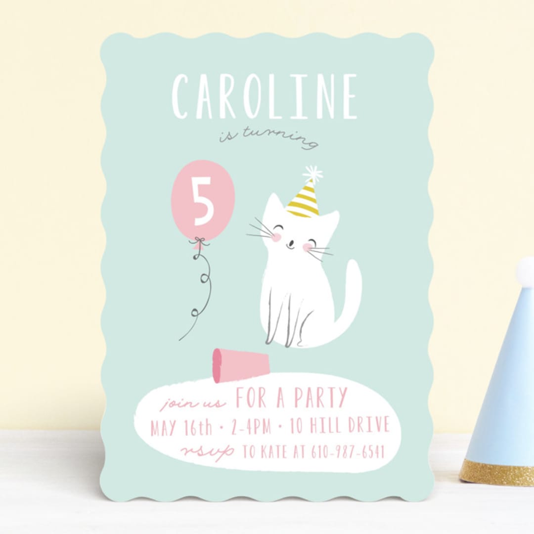"Party cat" - Children's Birthday Party Invitations in Spearmint by Angela Thompson - Front