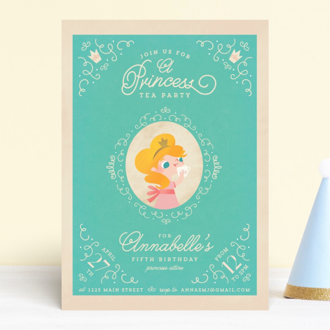 "Princess Tea" - Children's Birthday Party Invitations in Turquoise by Lori Wemple - Front