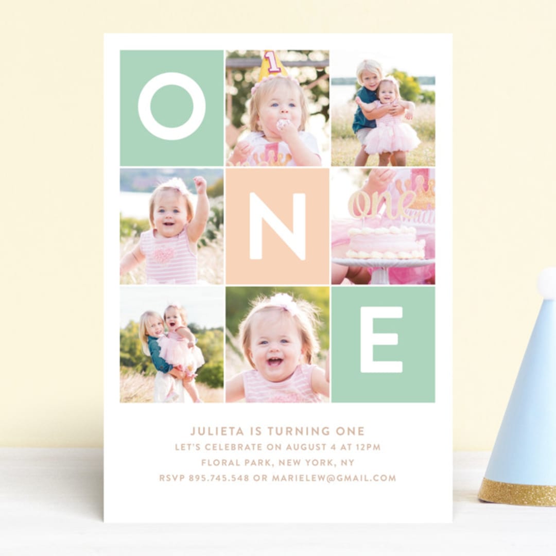 "Simply One" - Children's Birthday Party Invitations in Seafoam by Joanne James - Front