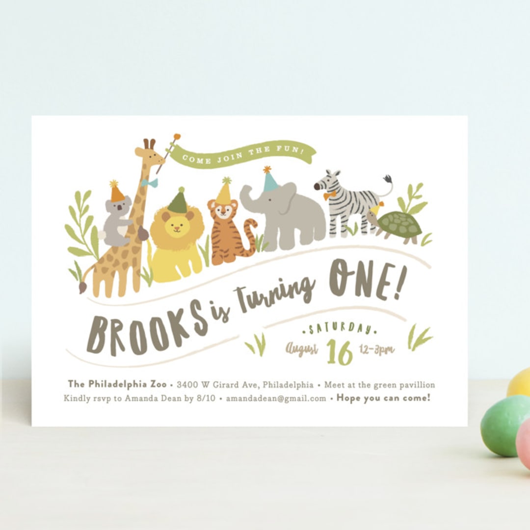 "Animals on parade" - Children's Birthday Party Invitations in Pear by Jennifer Wick - Front