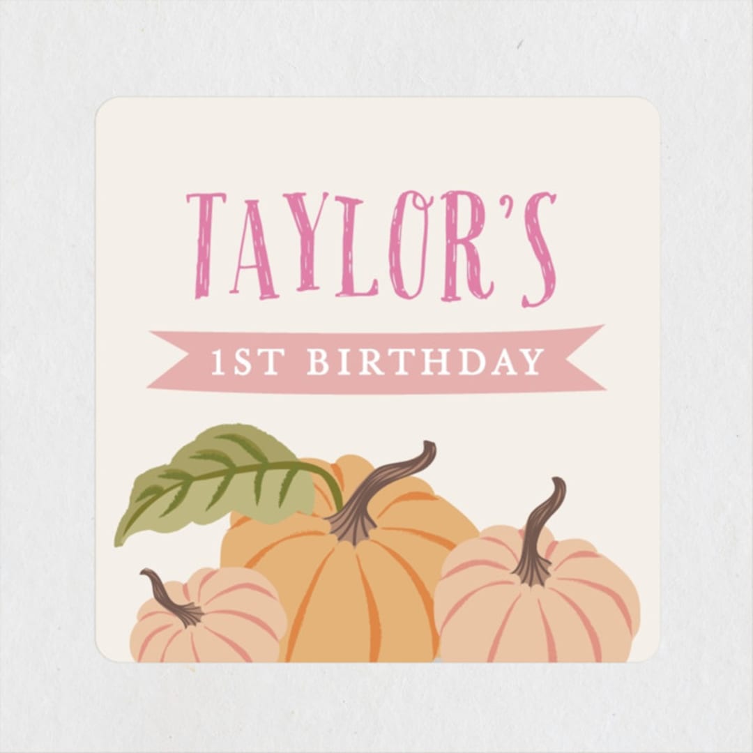 "Autumn Pumpkin" - Children's Birthday Party Stickers in Peach by Karidy Walker - Front