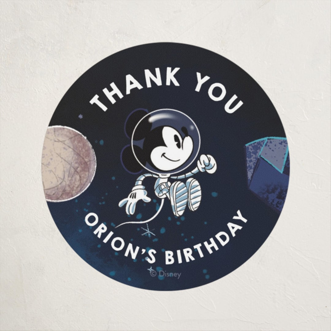 "Mickey and Pluto In Space" - Children's Birthday Party Stickers in Midnight by Becky Nimoy - Front