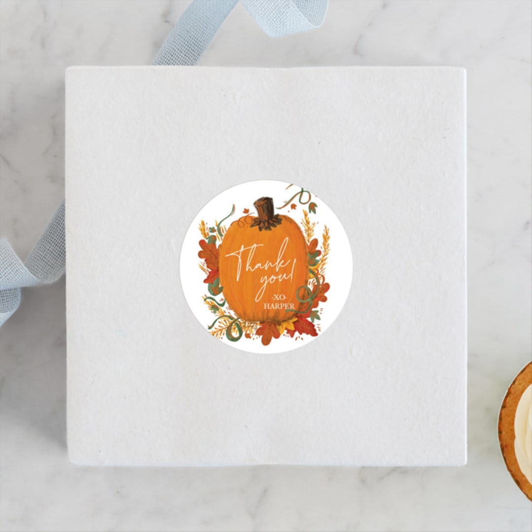 "Pumpkin Patch" - Children's Birthday Party Stickers in Pumpkin by Corie Page - Front