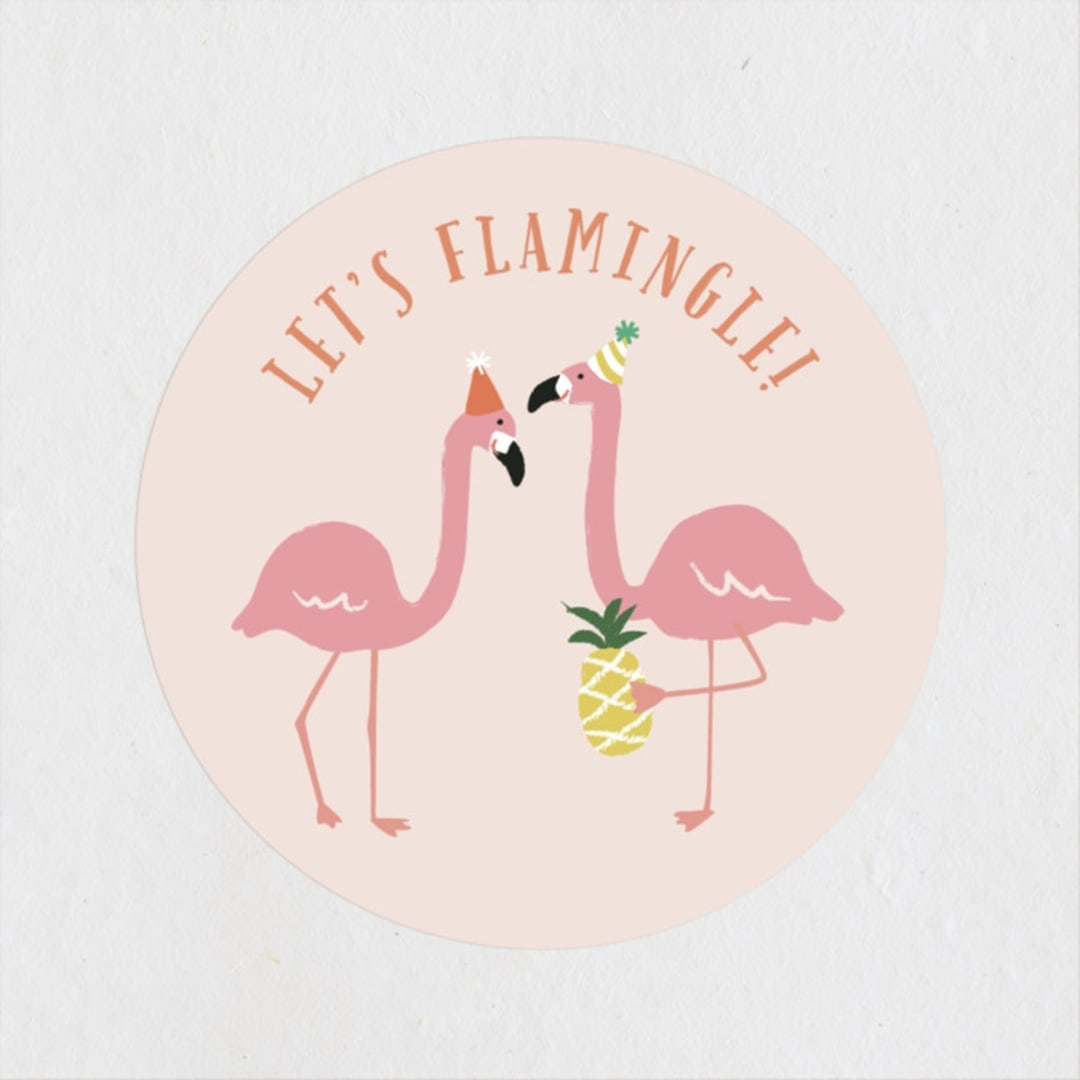 "Let's flamingle!" - Children's Birthday Party Stickers in Cotton Candy by Jennifer Wick - Front