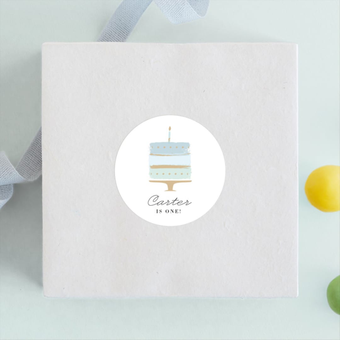 "Brushed Cake" - Children's Birthday Party Stickers in Sky by Oma N. Ramkhelawan - Front