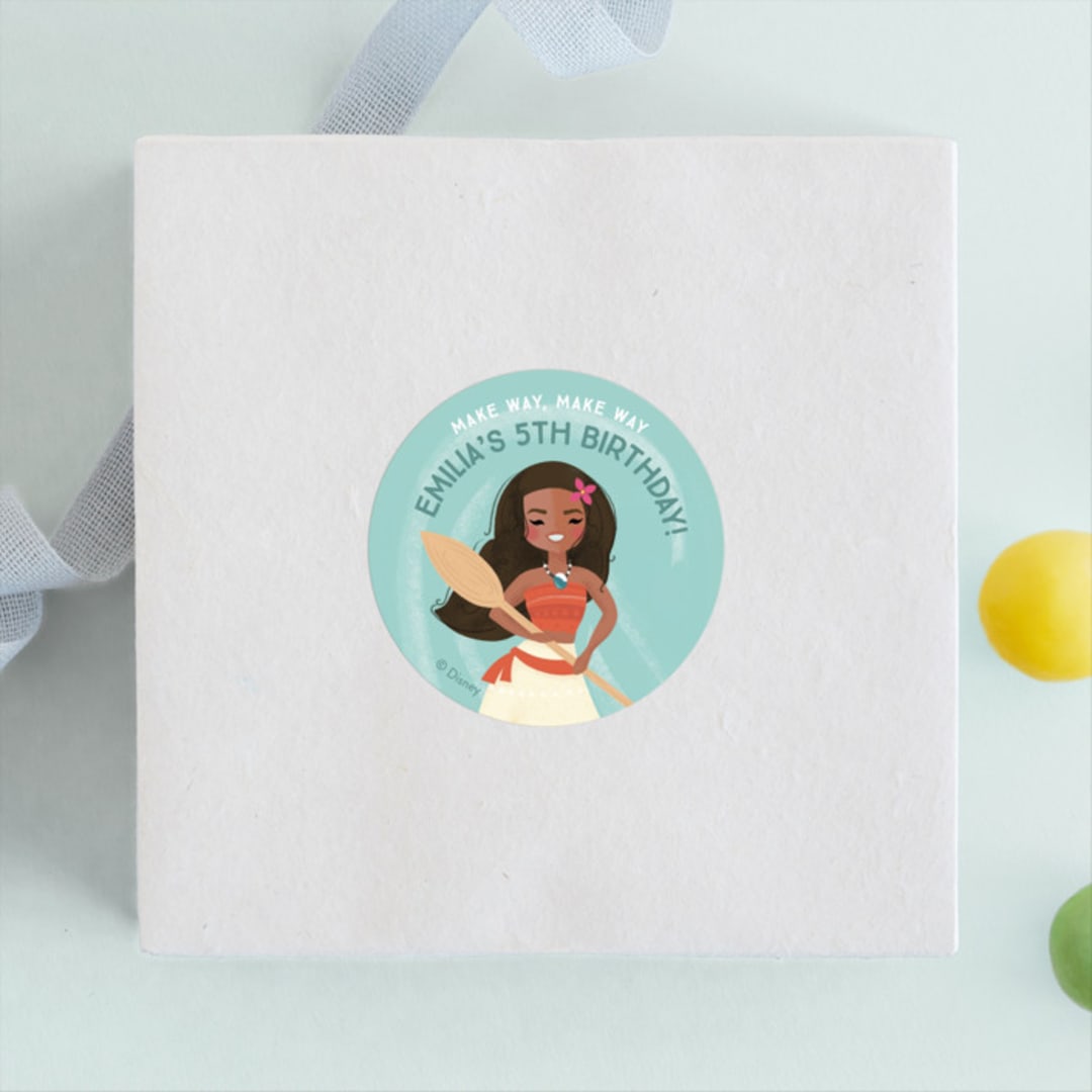 "Disney's Moana Make Way, Make Way" - Children's Birthday Party Stickers in Shell by Itsy Belle Studio - Front