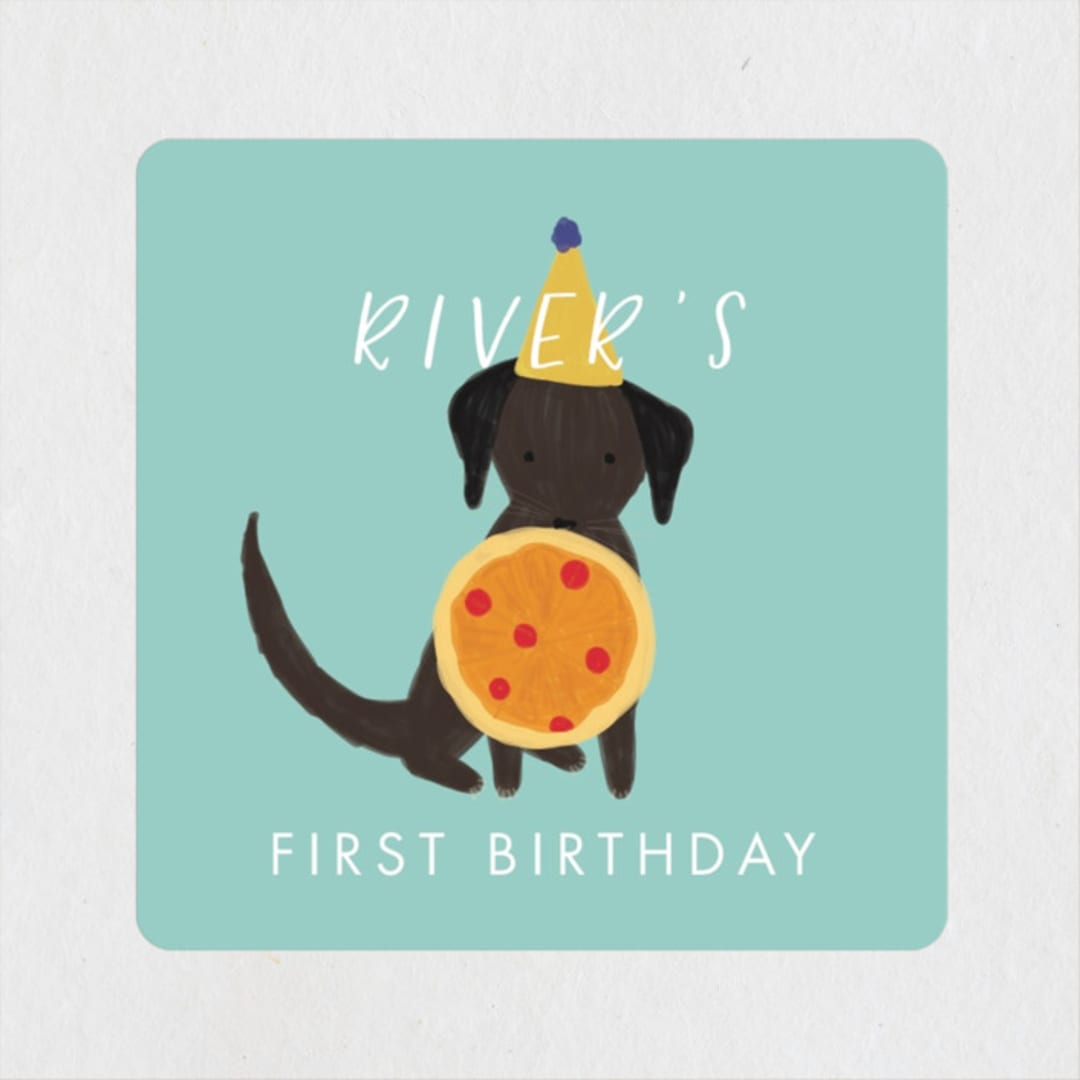 "Puppy Pizza Party" - Children's Birthday Party Stickers in Cobblestone by Stephanie Given - Front