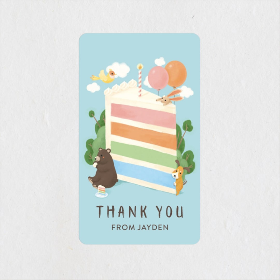 "Cake Party" - Children's Birthday Party Stickers in Sky by Shannon Chen of Four Wet Feet Studio - Front