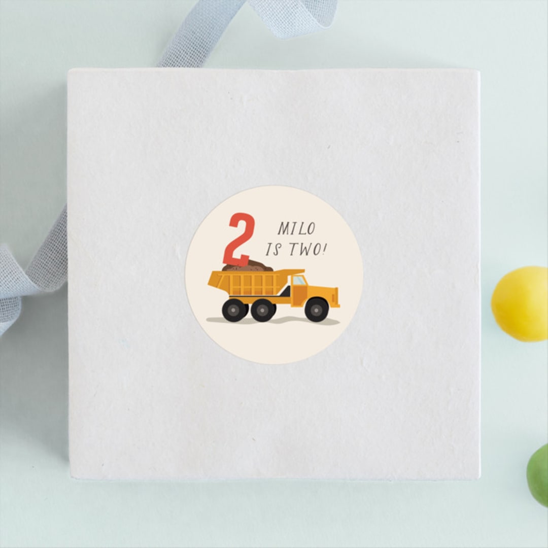 "loads of fun" - Children's Birthday Party Stickers in Dumptruck by Susan Zinader - Front