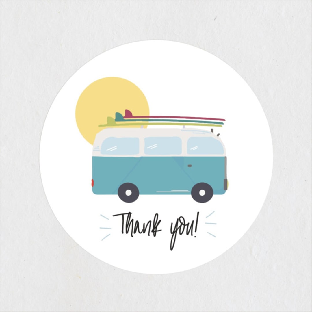 "Surfer's Dream Beach Bash" - Children's Birthday Party Stickers in Blue Skies by Maggie Maeve - Front