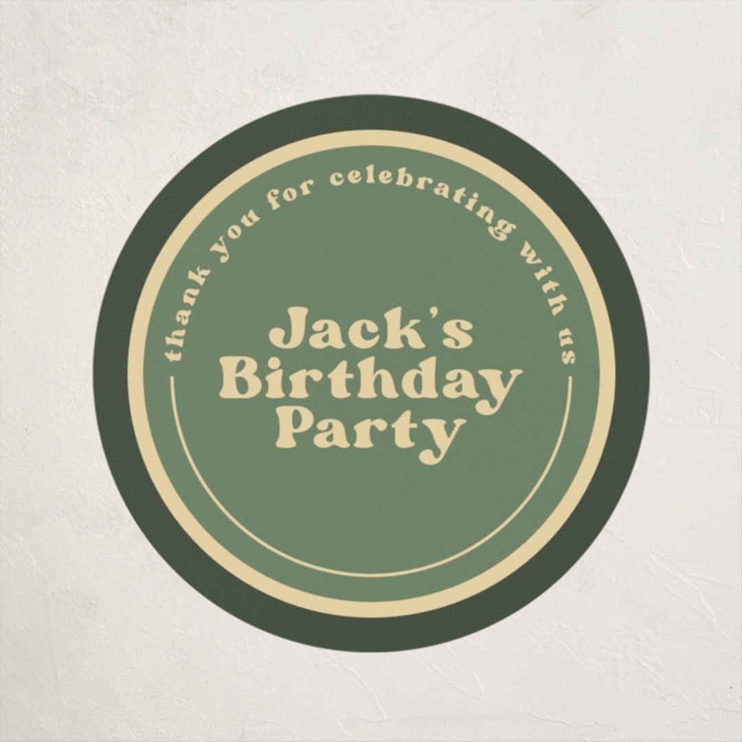 "One Happy Camper" - Children's Birthday Party Stickers in Sage by Creo Study - Front