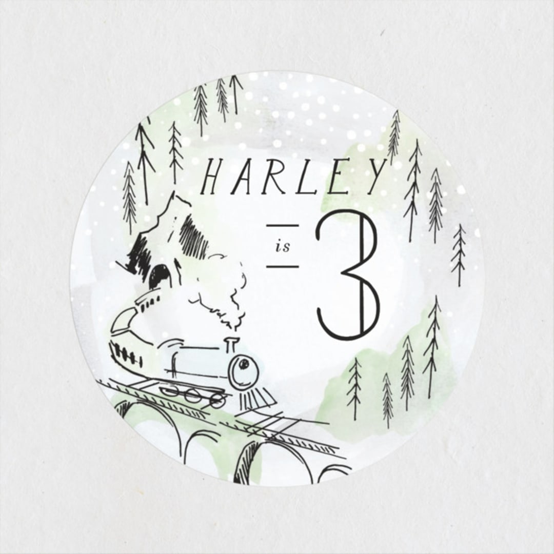 "Winter Train" - Children's Birthday Party Stickers in Cinders by Baumbirdy - Front