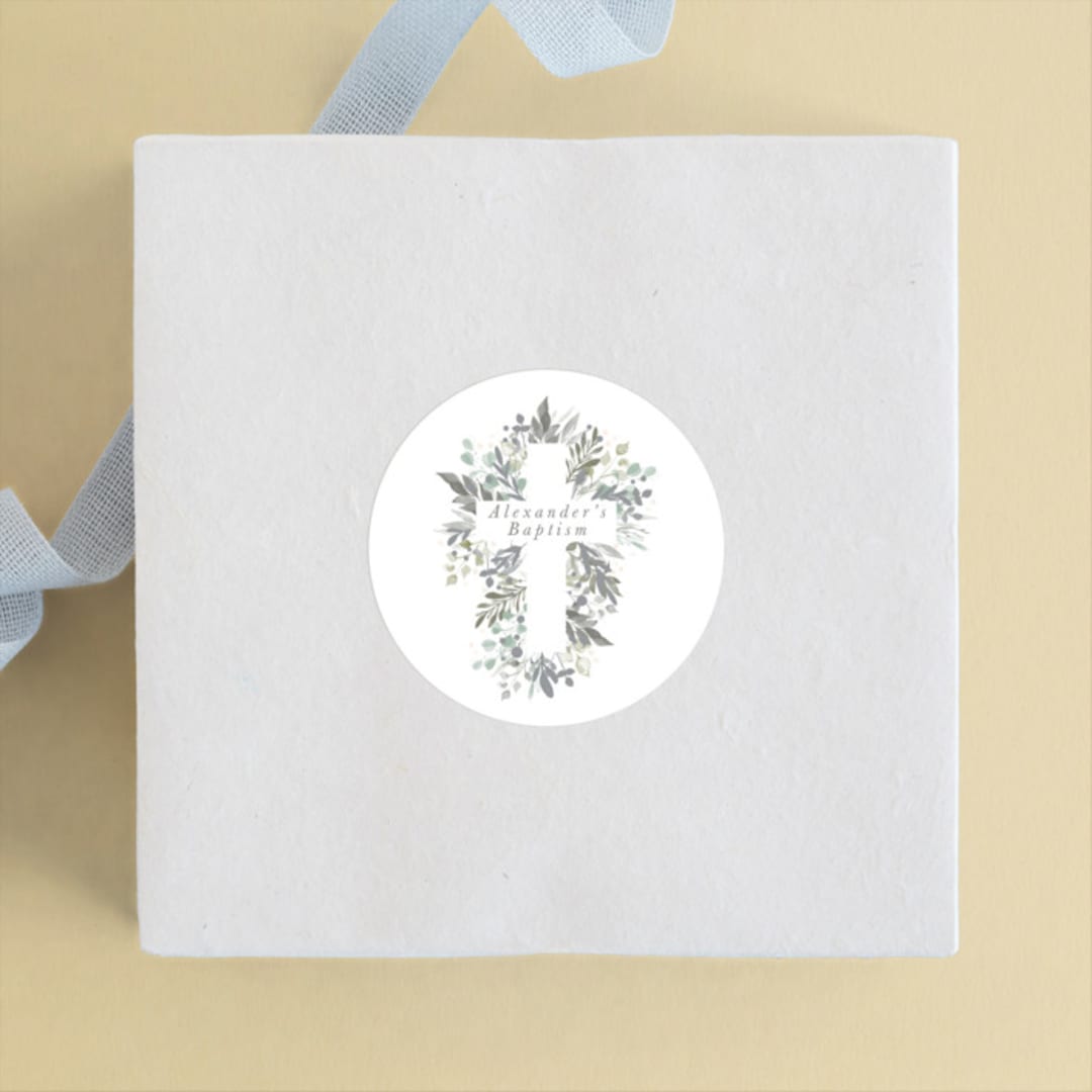 "Foliage Cross" - Children's Birthday Party Stickers in Eucalyptus by Hudson meet Rose - Front