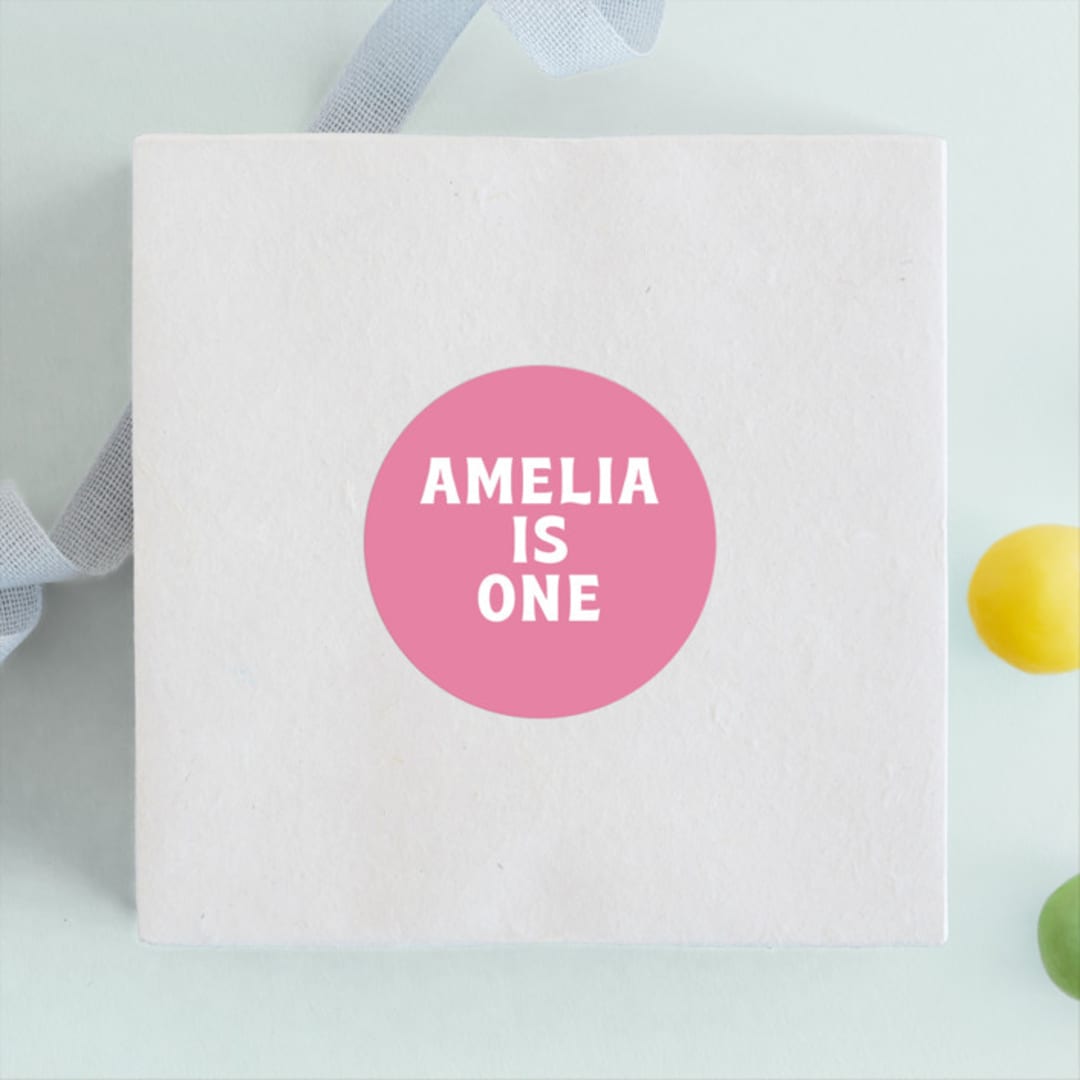 "The Big One" - Children's Birthday Party Stickers in Rose by Baumbirdy - Front