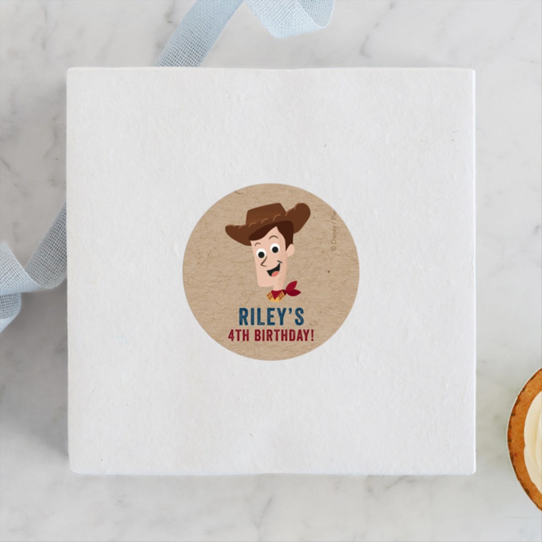 "Disney and Pixar's Howdy Woody" - Children's Birthday Party Stickers in Rustic by Oma N. Ramkhelawan - Front