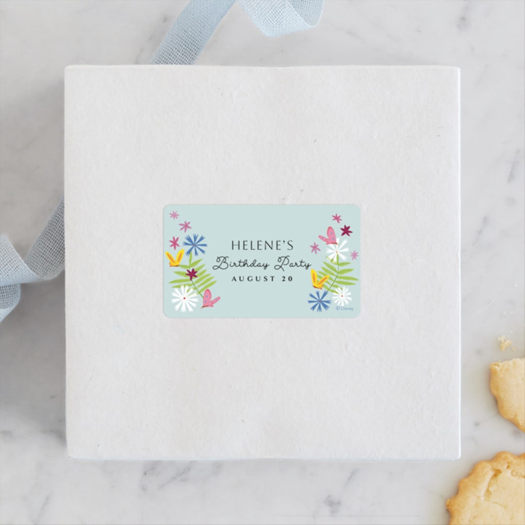 "Disney's Alice in Wonderland in the Flower Garden" - Children's Birthday Party Stickers in Aqua by Becky Nimoy - Front