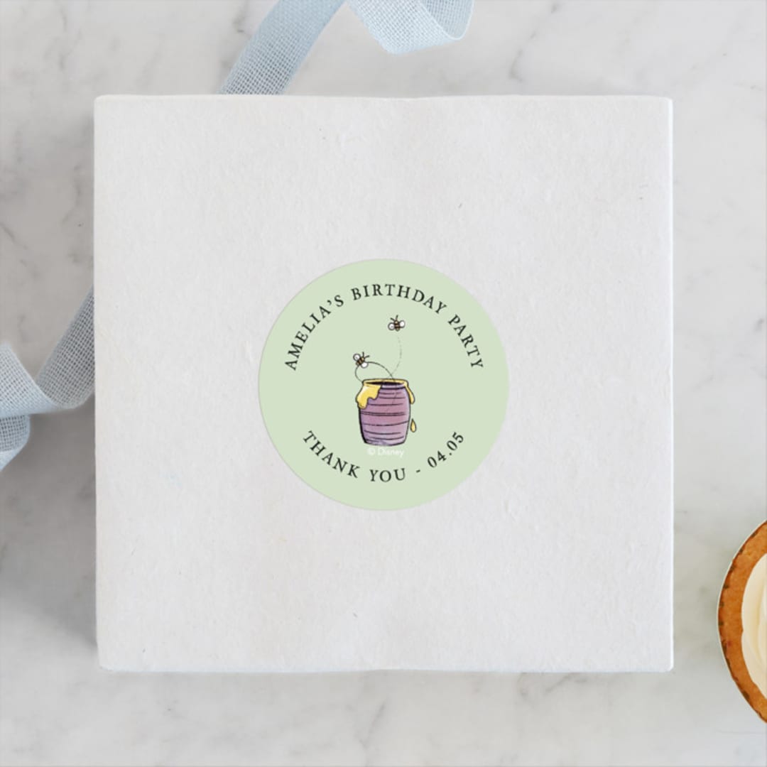 "Disney's Winnie the Pooh in the Wood" - Children's Birthday Party Stickers in Sky by Becky Nimoy - Front