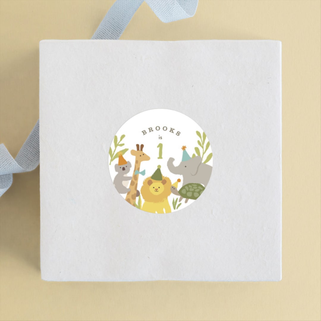 "Animals on parade" - Children's Birthday Party Stickers in Pear by Jennifer Wick - Front