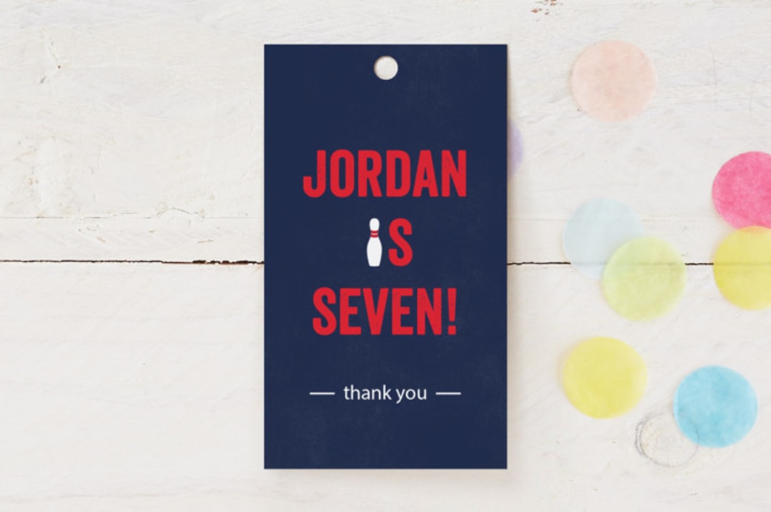 "Bowling birthday party" - Children's Birthday Party Favor Tags in Blue Slate by Anupama - Front