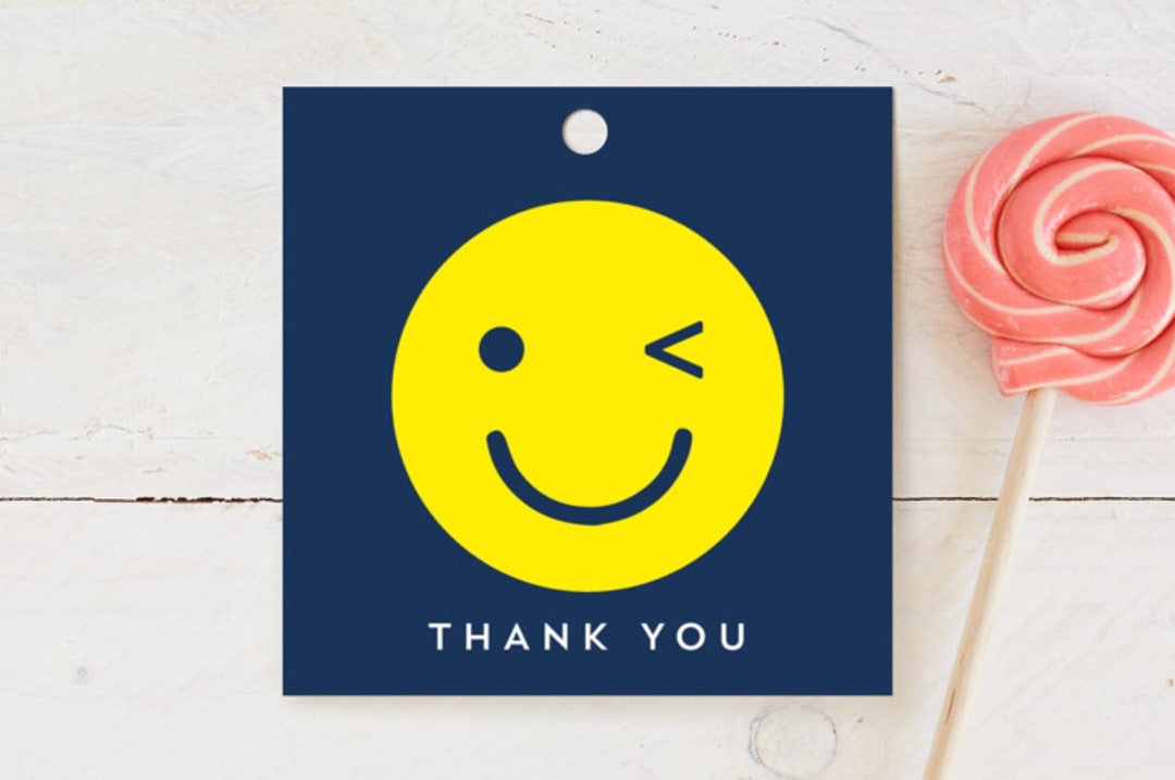 "Emoji Party" - Children's Birthday Party Favor Tags in Navy by Baumbirdy - Front