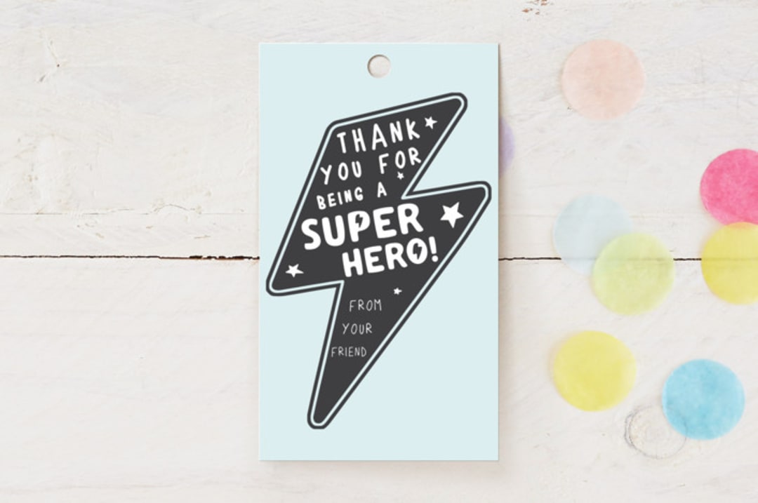 "Calling All Superheroes" - Children's Birthday Party Favor Tags in Captain by Maggie Maeve - Front
