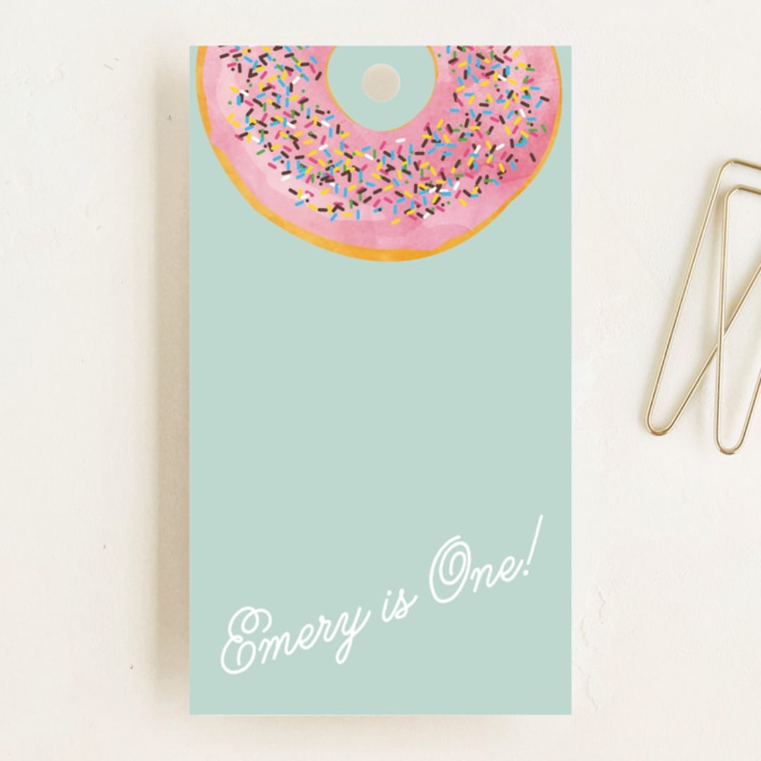 "Everyone Loves Donuts" - Children's Birthday Party Favor Tags in Neptune by Kerry Doyle - Front