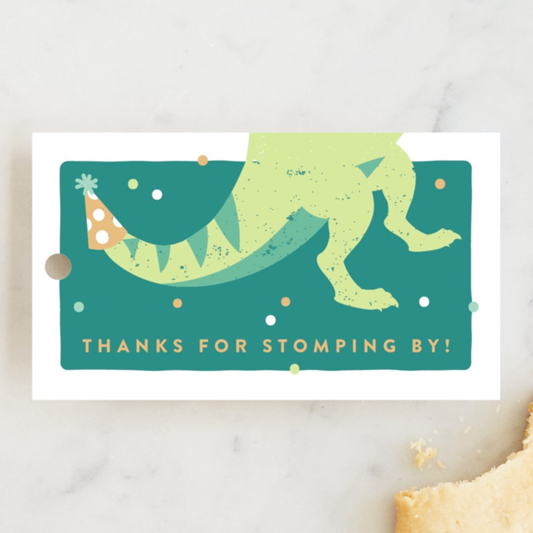 "Stomp and Chomp Dino" - Children's Birthday Party Favor Tags in Jungle by Joanna Griffin - Front