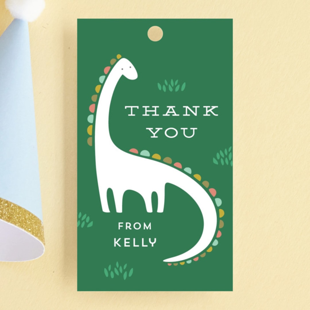 "Dinotastic" - Children's Birthday Party Favor Tags in Palm by Laura Hankins - Front