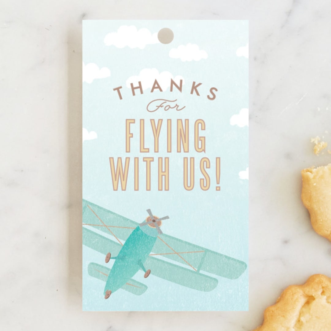 "Come Fly with Us" - Children's Birthday Party Favor Tags in Teal by Karidy Walker - Front