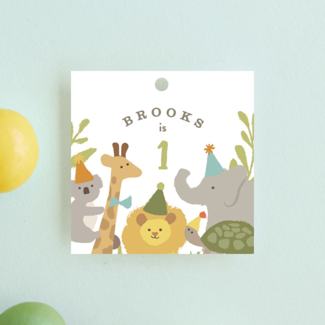 "Animals on parade" - Children's Birthday Party Favor Tags in Pear by Jennifer Wick - Front