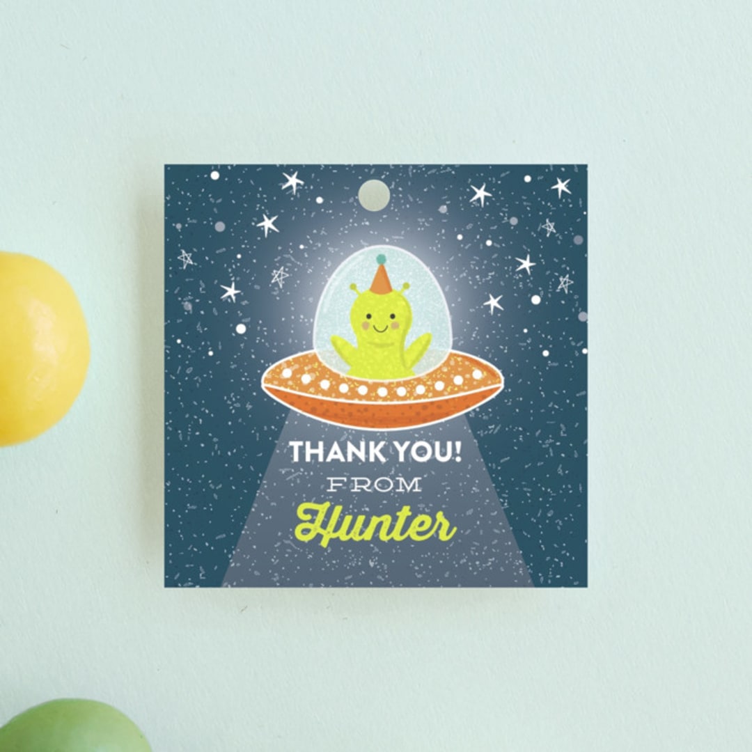 "Greetings, Earthlings." - Children's Birthday Party Favor Tags in Neptune by One Swell Studio - Front