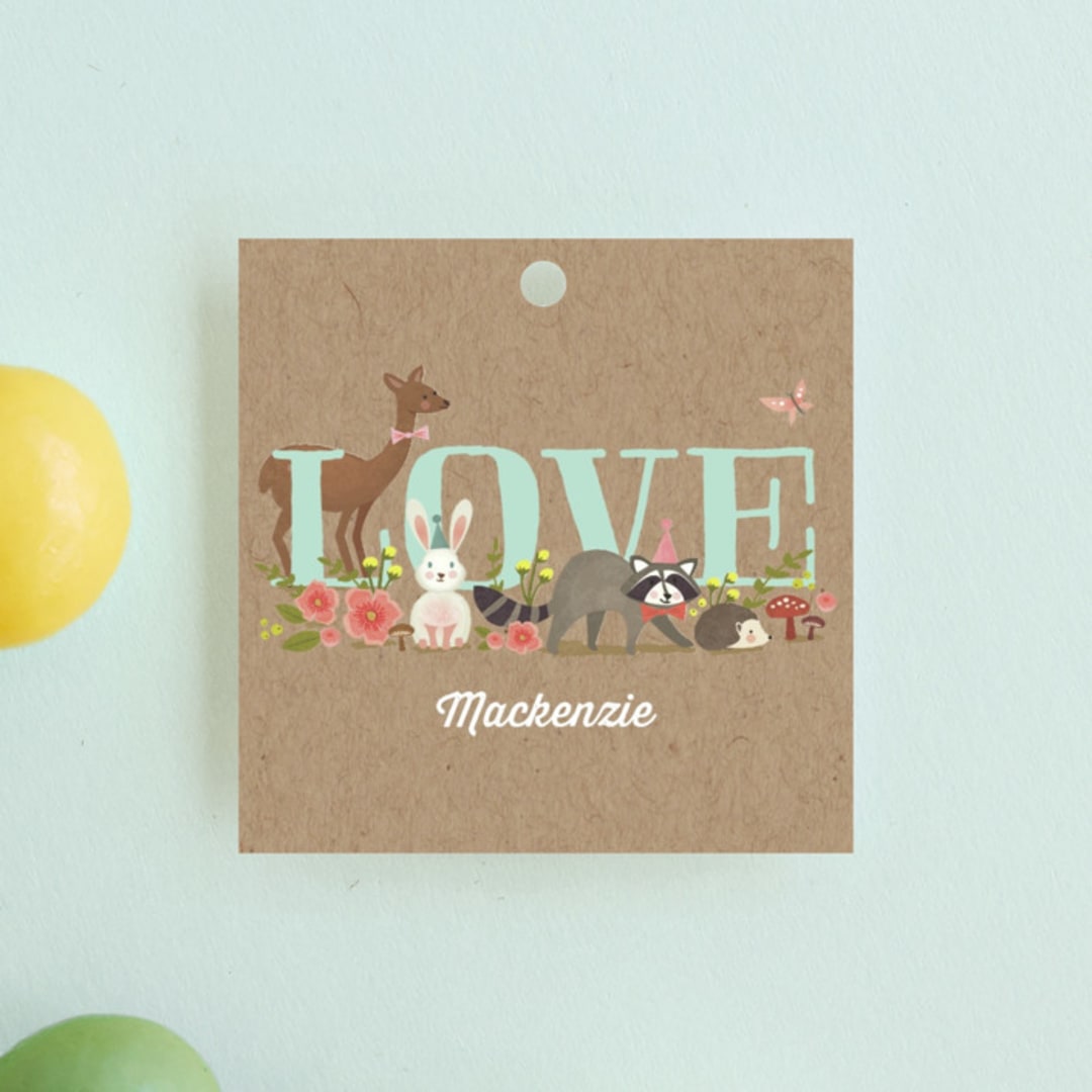 "Woodland Celebration" - Children's Birthday Party Favor Tags in Robin's Egg by Karidy Walker - Front