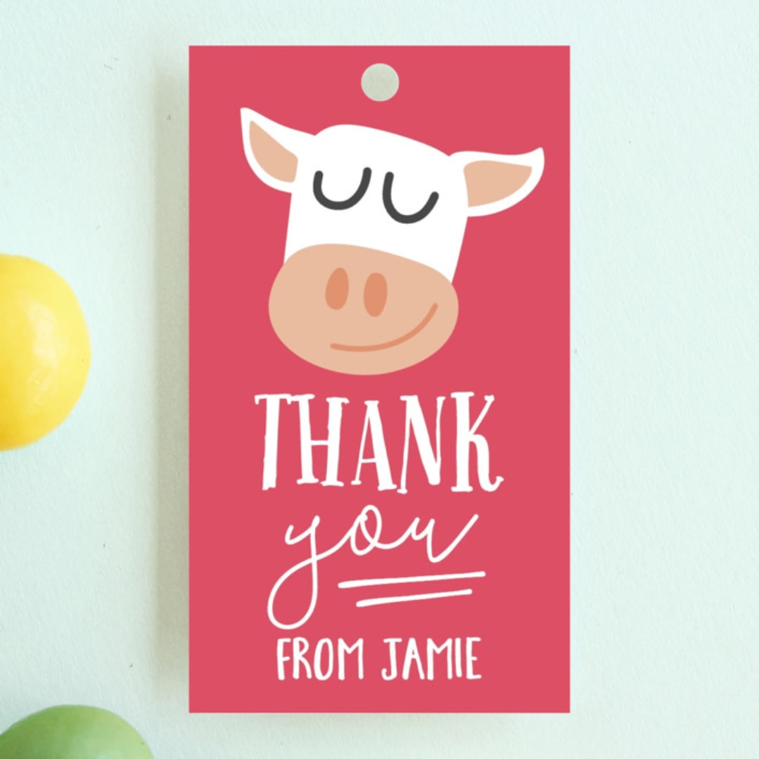 "Oink & Moo" - Children's Birthday Party Favor Tags in Candy Apple by Jessie Steury - Front