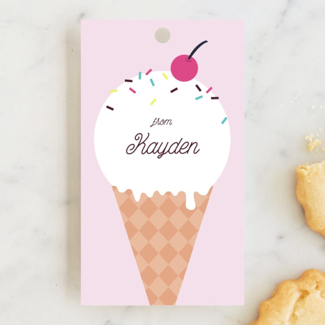"Banana Split" - Children's Birthday Party Favor Tags in Strawberry by Katie Zimpel - Front