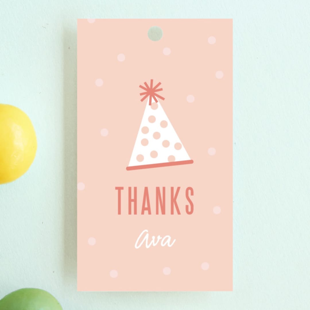"Pizza Party Hat" - Children's Birthday Party Favor Tags in Coral by Lauren Chism - Front
