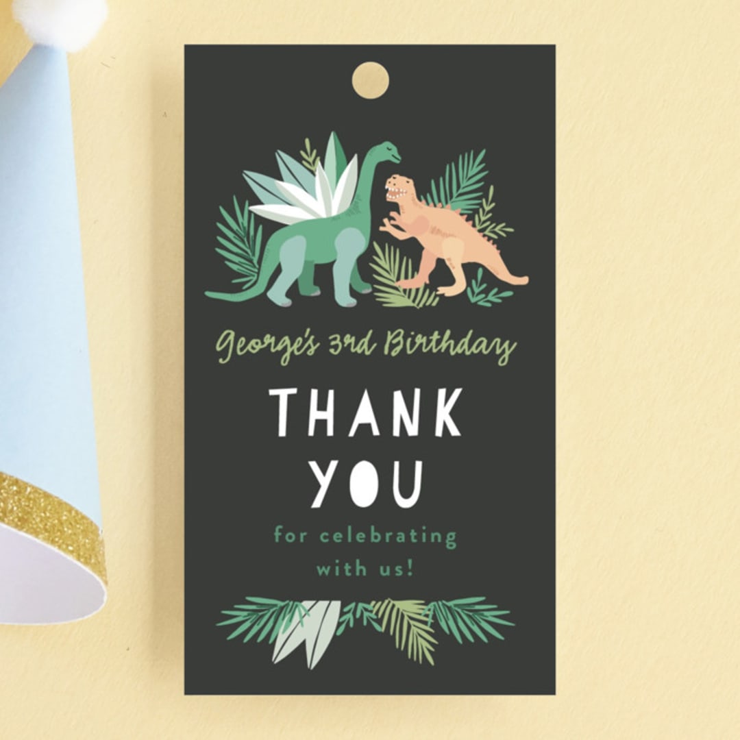 "Dino Friends" - Children's Birthday Party Favor Tags in Graphite by Alethea and Ruth - Front