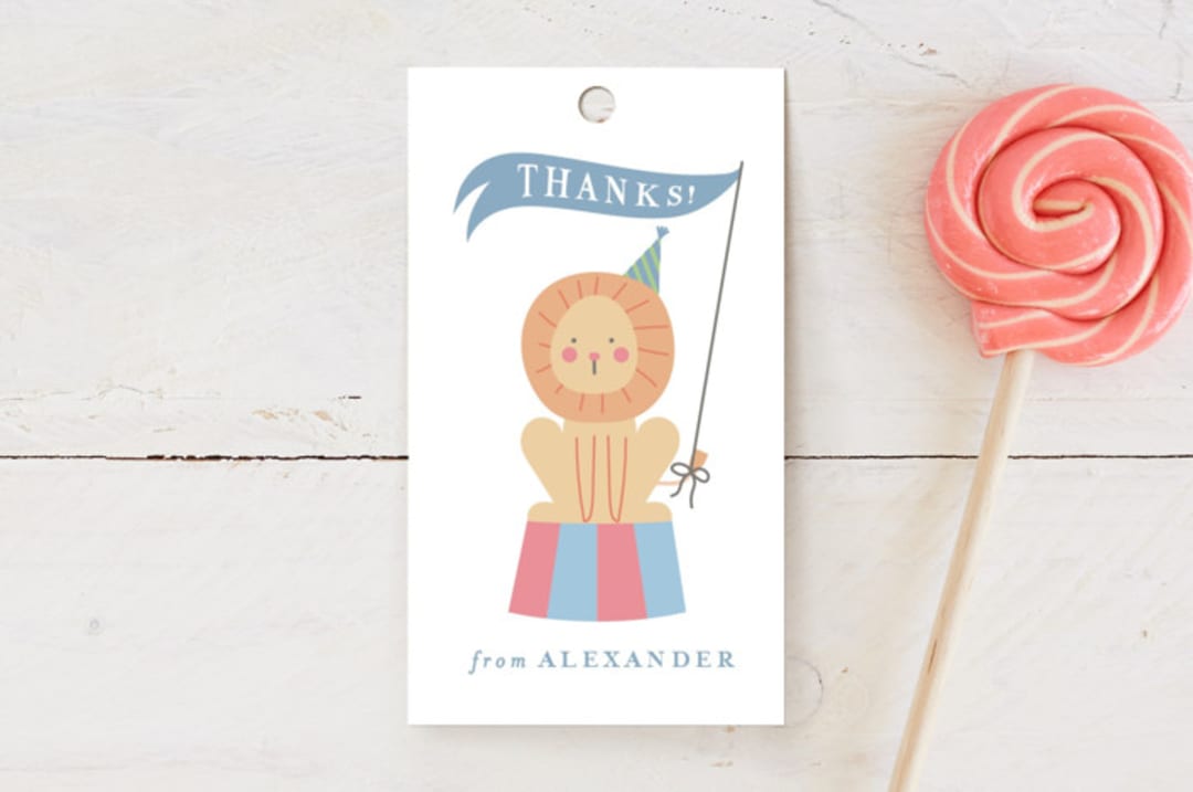 "Step Right Up" - Children's Birthday Party Favor Tags in Sky by Joanna Griffin - Front