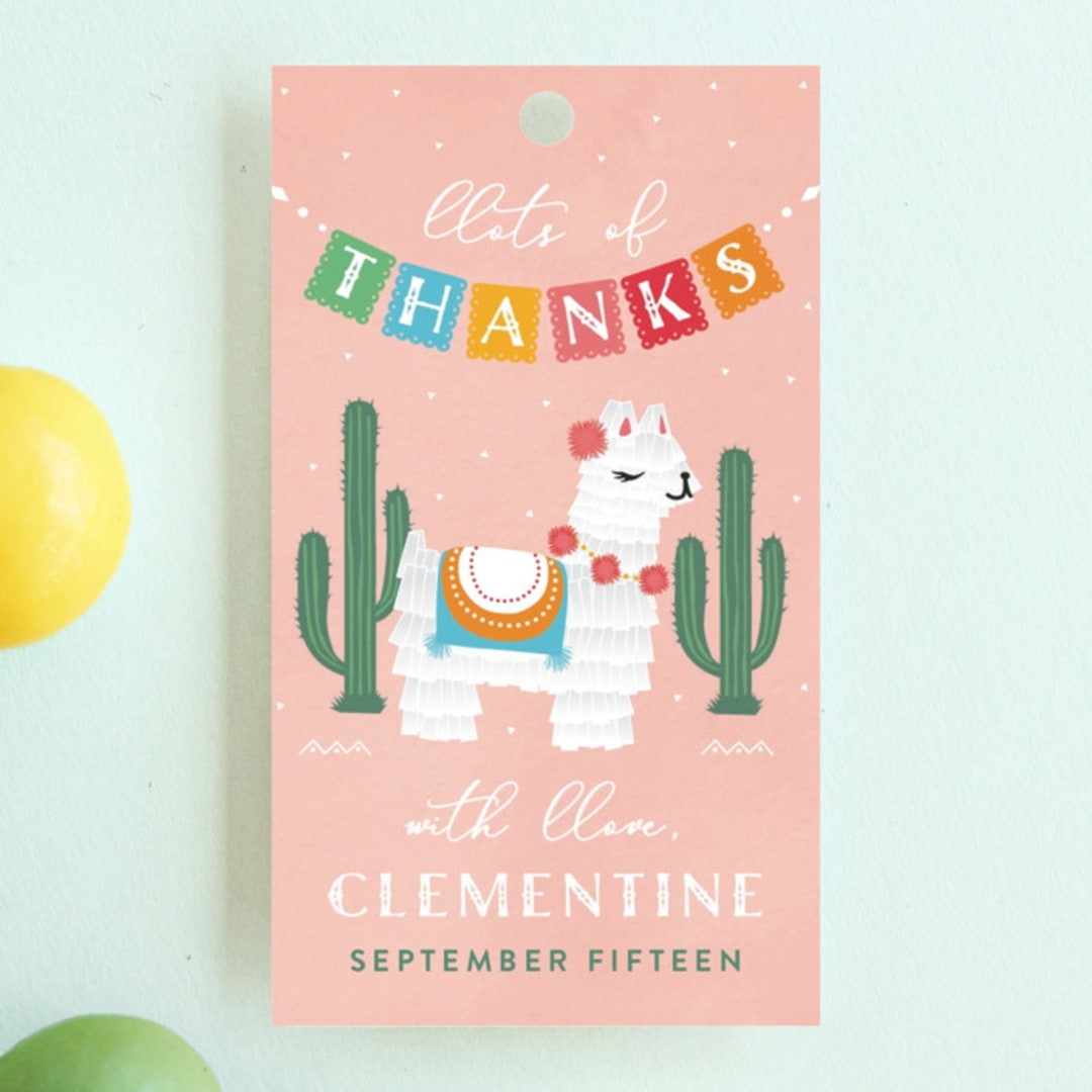 "Llama Piñata" - Children's Birthday Party Favor Tags in Strawberry by Jennifer Lew - Front