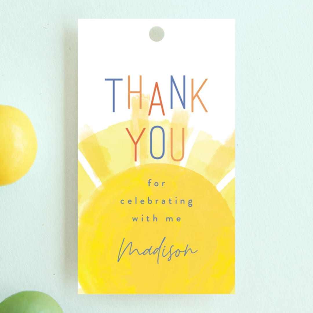 "Little Sunshine" - Children's Birthday Party Favor Tags in Marshmallow by Rebecca Durflinger - Front