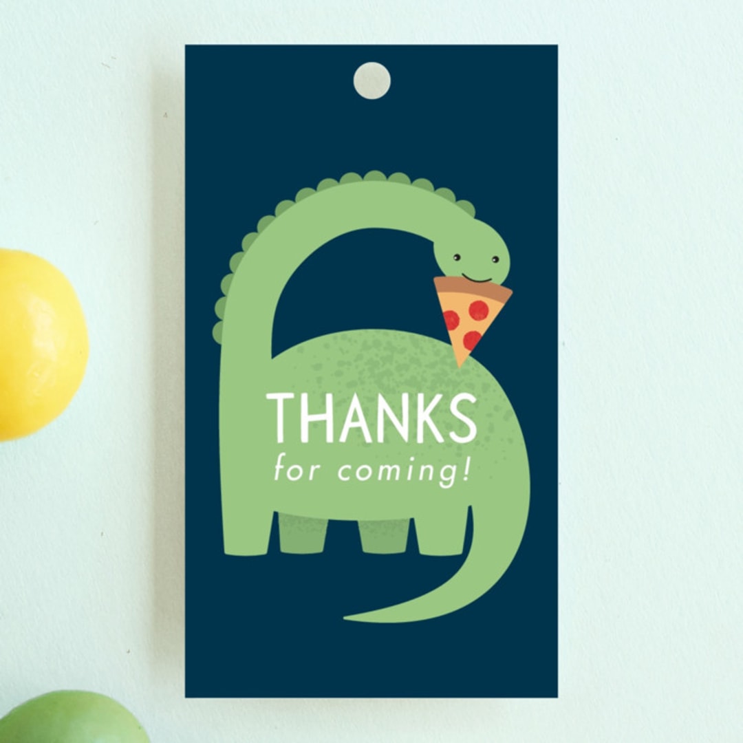 "Arched Dinosaur" - Children's Birthday Party Favor Tags in Leaf by Kacey Kendrick Wagner - Front