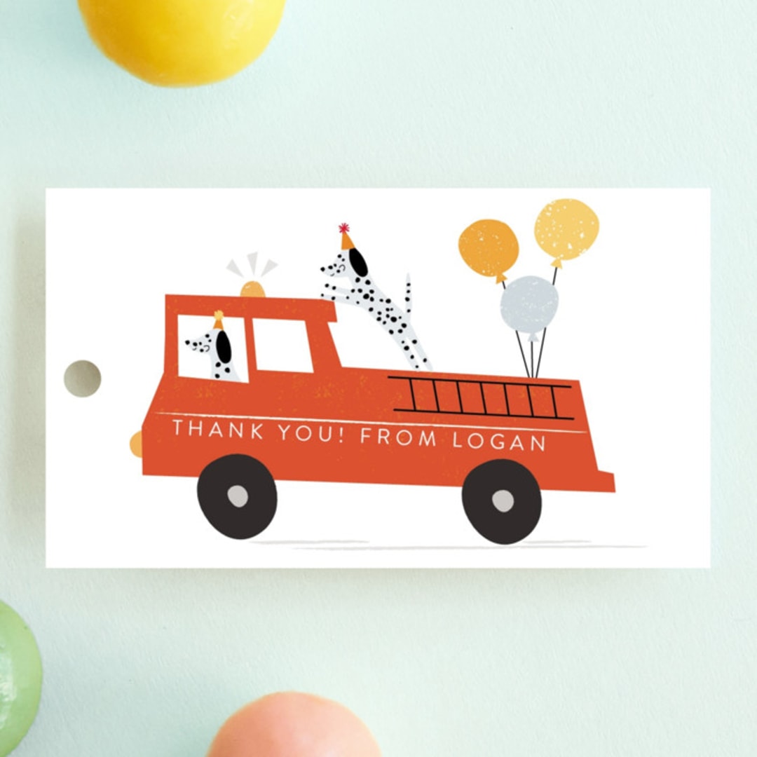 "Sound The Alarm!" - Children's Birthday Party Favor Tags in Dalmatian by Angela Thompson - Front